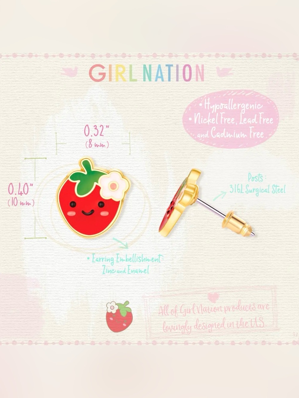 Girl Nation You’re Berry Cutie Stud Earrings Hypoallergenic & Non Toxic